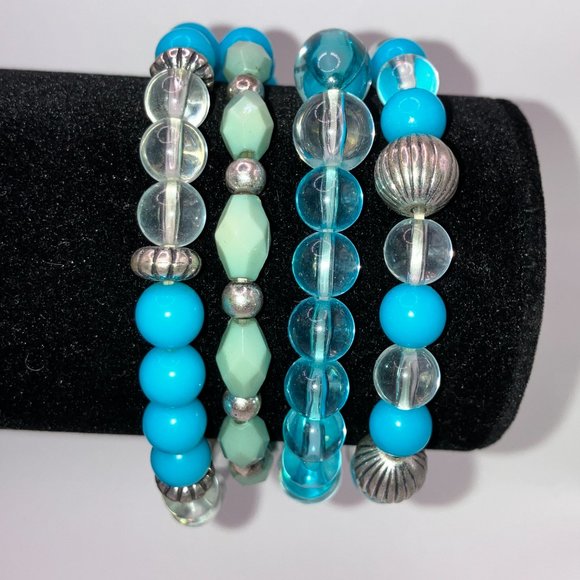 Turquoise Colored, Silver-Tone, Clear Beaded 4-Strand Bracelet! - Picture 6 of 8